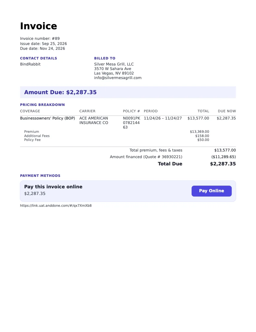 Finished BindandBill invoice with premium finance and a Pay Online link
