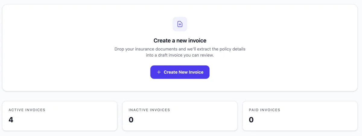 BindandBill home screen with Create New Invoice button
