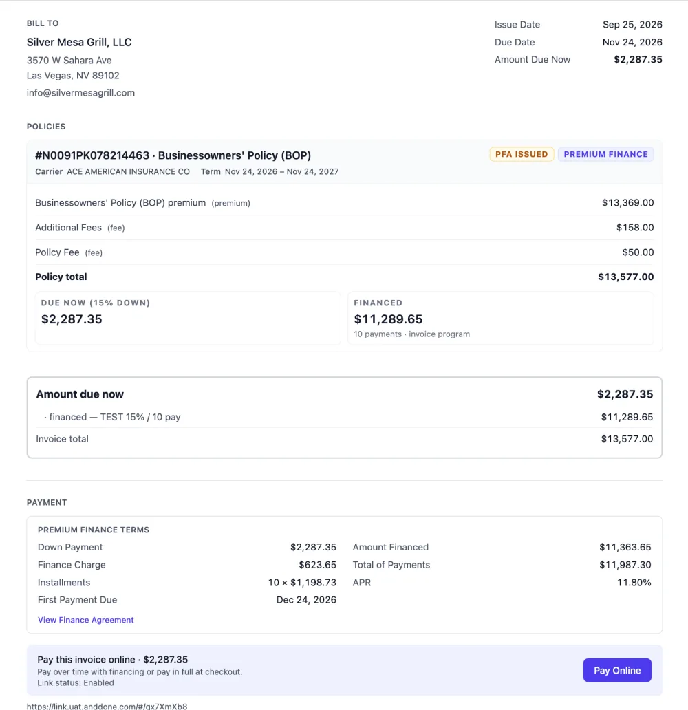 Finished invoice with pay online link